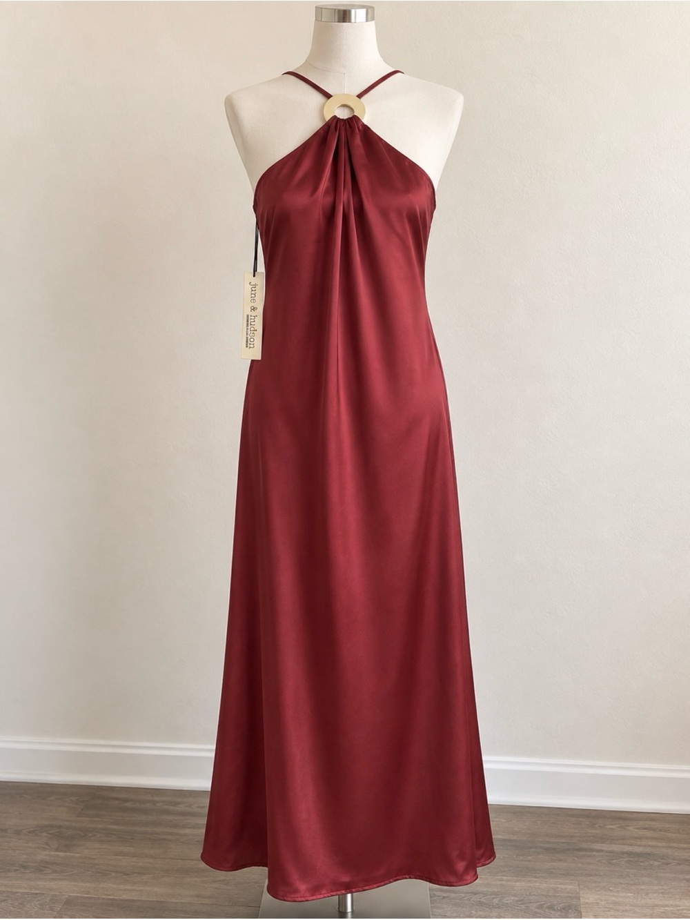 june & hudson Strapless Satin Maxi Dress in Burgundy with Gold Ring